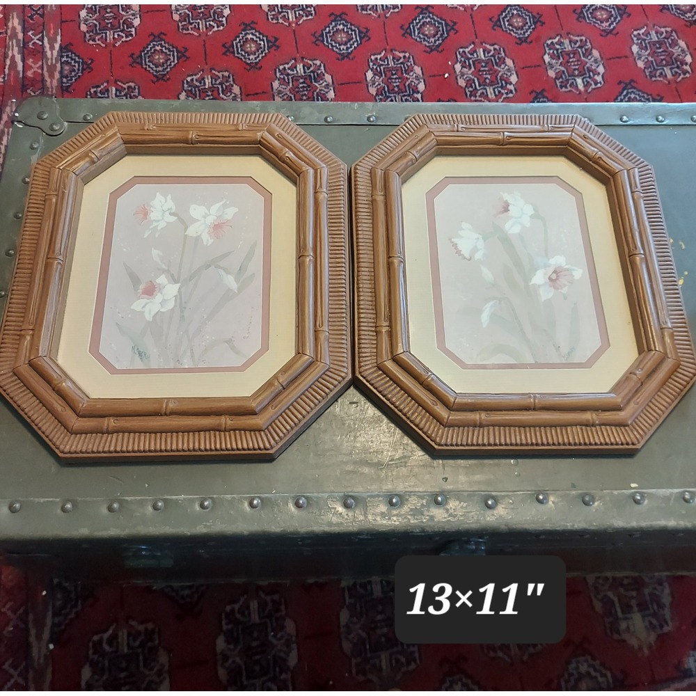 Homco Pink and Cream Floral Octagonal Wall Art Pair